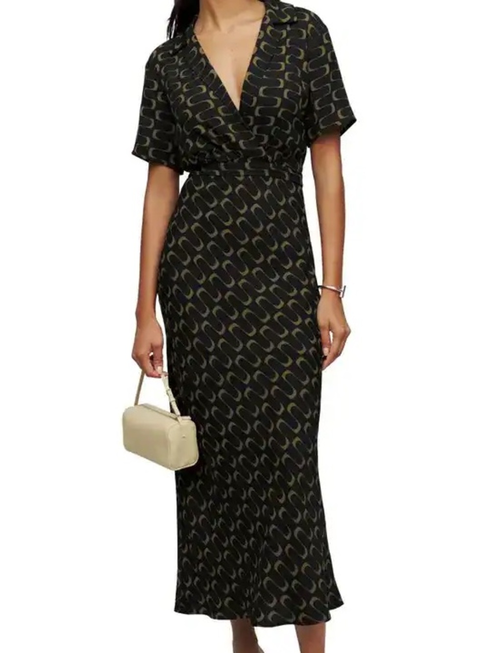 Reformation Black Midi Wrap Dress with Brown Wave Print